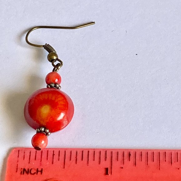 Vintage Art Glass Bead Earrings Coral Red Orange Hand Made Bronze Plated - Picture 16 of 16
